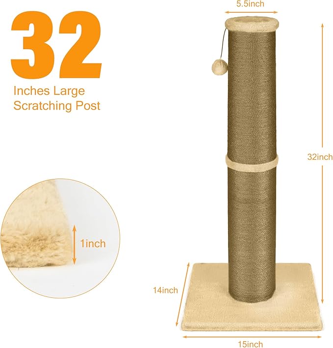 Cat Scratching Post 32 Inch High, 5.5 Inch Large Diameter Natural Sisal Cat Scratch Post, Scratch-Resistant and Durable Tall Cat Scratcher for Indoor Cats, Protect Your Furniture, Yellow