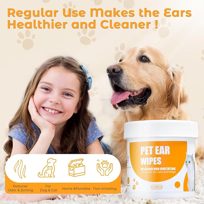 Dog Ear Cleaner Wipes,Ear Wipes for Dogs and Cats,Debris - Soothes & Relieves Ear Itching,All Natural Ingredients - 130 Count.