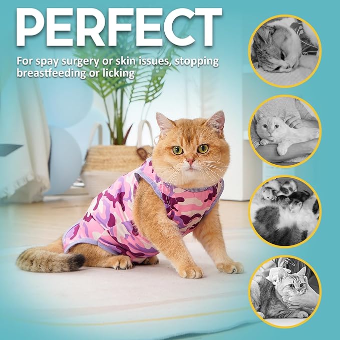 Avont Cat Recovery Suit, Cat Onesie for Cats After Spay Surgery Healing, Cat E-Collar Cone Alternative for Surgical Recovery Skin Diseases -Purplecamo(S)