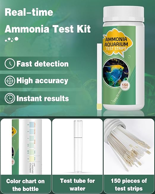 Pawfly Aquarium Ammonia Test Strips, 150 Aquarium Test Strips Accurate Ammonia Test Kit with Test Tube Aquarium Water Test Kit for Fish Tank