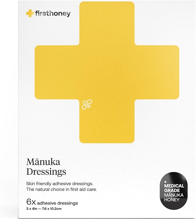 First Honey Manuka Honey Adhesive Bandages 6 Pack | Latex Free, Antibiotic Free Wound Dressing | Medical Grade Honey Adhesive Pads | First Aid Care Burns, Cuts, Scrapes, Wounds, Lacerations