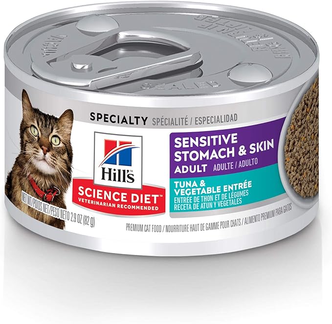 Hill's Science Diet Sensitive Stomach & Skin, Adult 1-6, Stomach & Skin Sensitivity Support, Wet Cat Food, Tuna & Vegetables Minced, 2.9 oz Can, Case of 24