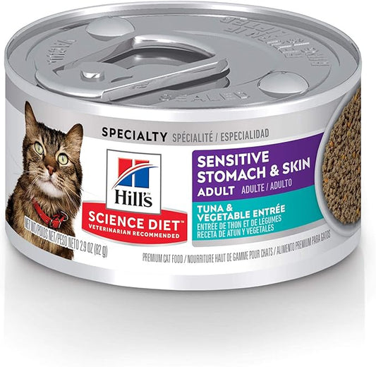 Hill's Science Diet Sensitive Stomach & Skin, Adult 1-6, Stomach & Skin Sensitivity Support, Wet Cat Food, Tuna & Vegetables Minced, 2.9 oz Can, Case of 24