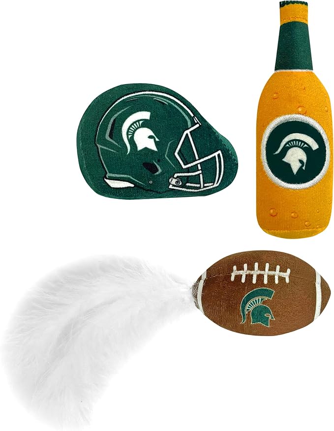 BEST PLUSH CAT TOY: NCAA MICHIGAN STATE SPARTANS Complete Set of 3 piece Cat Toys filled with Fresh Catnip. Includes: 1 Helmet Cat Toy, 1 Football Cat Toy with Feathers & 1 Beer Bottle. With Team LOGO