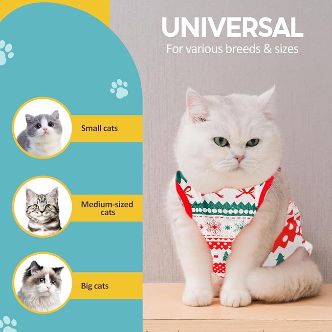 Avont Cat Recovery Suit, Cat Onesie for Cats After Spay Surgery Healing, Cat E-Collar Cone Alternative for Surgical Recovery Skin Diseases -Christmas(M)