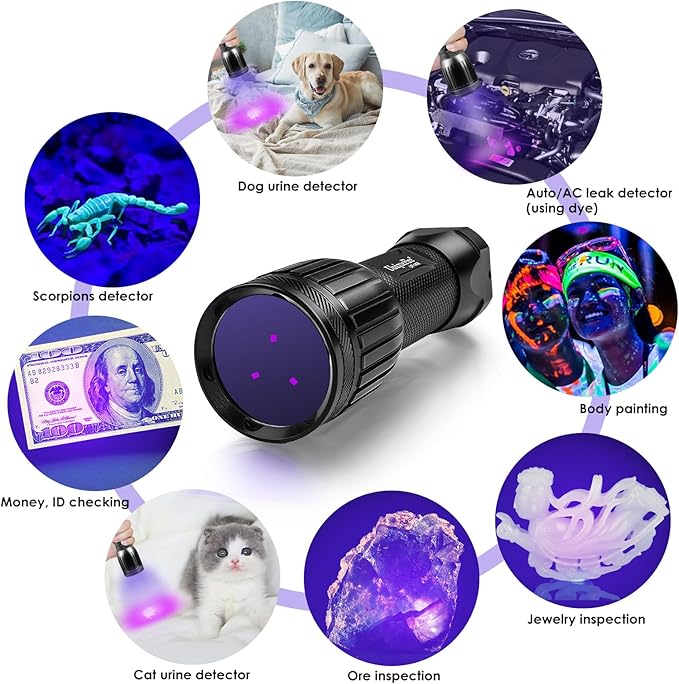 UniqueFire 1408 365nm Black Light UV Flashlight with 3 LEDs Professional UV Light,Powerful Blacklight Flashlight for Pet Urine Finding & Mineral, Antique Detection, Scorpion Search, etc