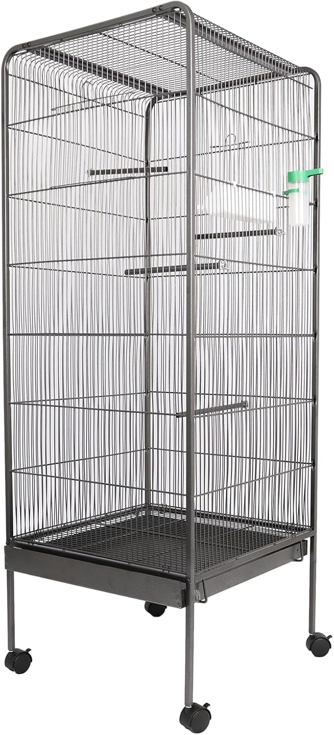 Steel Bird Cage with Rolling Stand, Plastic Feeder, PP Slide-Out Tray Large Flight Cage for Parrots, Parakeets, Cockatiels, Pigeons and Lovebirds Big Bird Cage Antique Gray As Shown