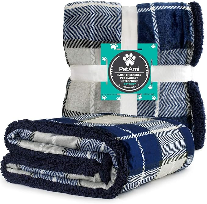 PetAmi WATERPROOF Dog Blanket for Bed, XL Dog Pet Blanket Couch Cover Protection, Sherpa Fleece Leakproof Bed Blanket for Crate Kennel Sofa Furniture Protector, Reversible Soft Plush 80x60 Plaid Navy