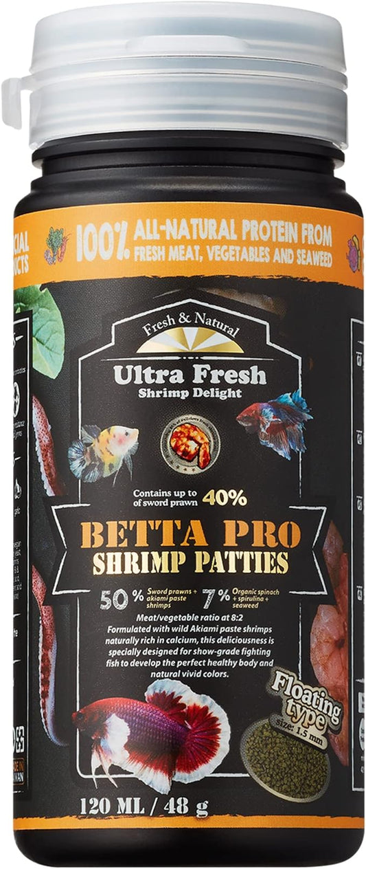 Ultra Fresh Betta Fish Food, Betta Pro Shrimp Patties, 50% Sword Prawns + Akiami Paste Shrimps, All Natural Protein, Rich in Calcium, for Betta's Healthy Development and Cleaner Water, 1.87 oz