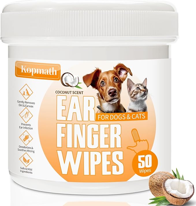 Dog Ear Wipes, Ear Cleaner Finger Wipes for Dogs & Cats, Gently Remove Earwax & Odor, Soothe Ear Itching and Infection, Easy to Use, Natural Cat Ear Wipes for Dogs, 50 Count, Coconut Scent