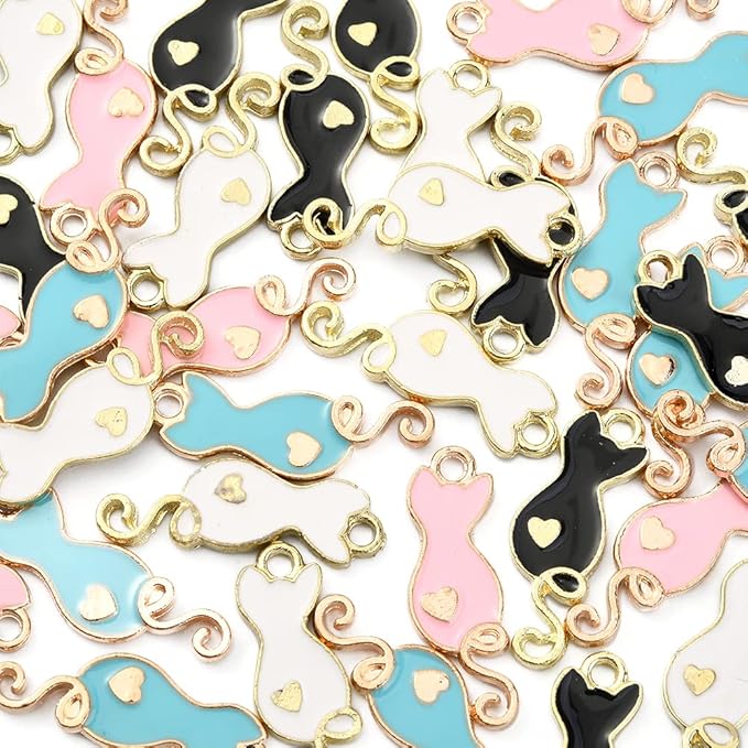 KitBeads 40pcs Mixed Styles Enamel Cat Charms Cute Sitting Cat Pet Charms Metal Little Animal Love Heart Cat Charms for Jewelry Making Bracelets Bulk