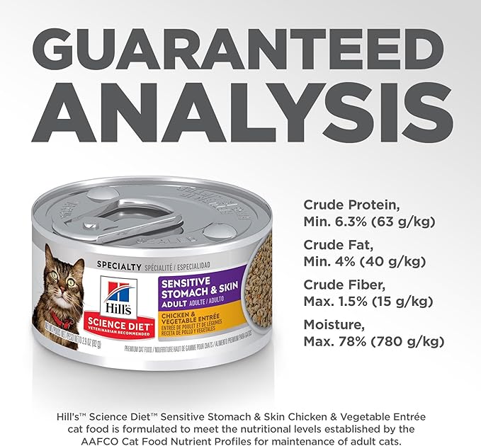 Hill's Science Diet Sensitive Stomach & Skin, Adult 1-6, Stomach & Skin Sensitivity Support, Wet Cat Food, Chicken & Vegetables Minced, 2.9 oz Can, Case of 24