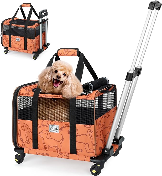 Lekereise Cat Carrier with Wheels for Small Pet, Airline Approved Dog Carrier with Wheels, Rolling Dog Cat Carrier, Orange