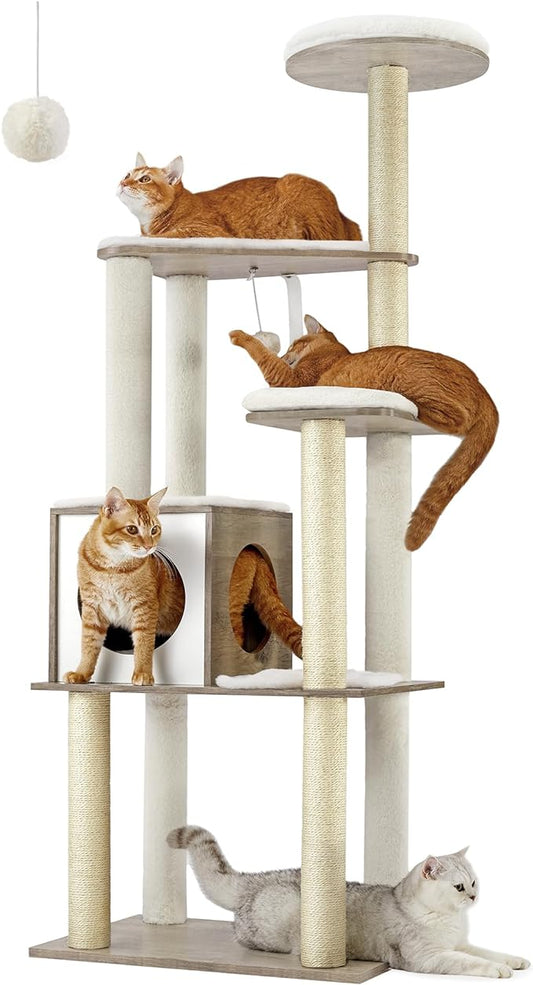 Feandrea WoodyWonders Cat Tree, 65-Inch Modern Cat Tower for Indoor Cats, Multi-Level Cat Condo with 5 Scratching Posts, Perch, Washable Removable Cushions, Cat Furniture, Greige UPCT166G01