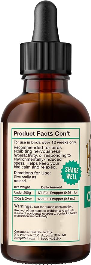 Hemp Well Calm Bird Oil — Relieves Anxiety, Calms and Relaxes Your Bird, Reduces Destructive Behavior, Organically Sourced – 2 Ounces