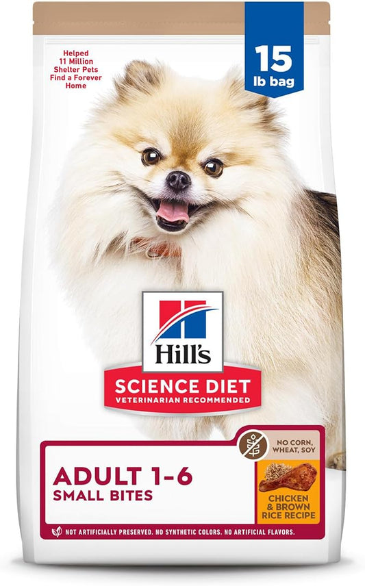 Hill's Science Diet Adult 1-6, Adult 1-6 Premium Nutrition, Small Kibble, Dry Dog Food, No Corn, Wheat, Soy Chicken & Brown Rice, 15 lb Bag