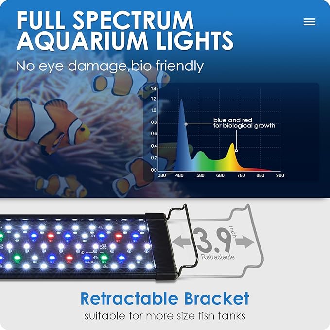 Aquarium Light, 14W 24/7 Natural Mode - Sunrise/Daylight/Moonlight Mode and Custom Mode with Expandable Bracket, Adjustable Timer and 7 Color Brightness for 12~18IN Fish Tank