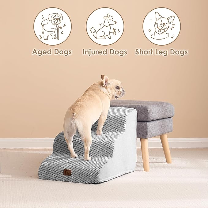 EHEYCIGA Curved Dog Stairs for Small Dogs 15.7" H, 3-Step Dog Steps for Couch Sofa and Chair, Pet Stairs for Cats, Non-Slip Balanced Pet Steps Indoor, Light Grey