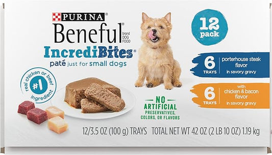 Beneful IncrediBites with Chicken and Natural Bacon Flavor and Porterhouse Steak Flavor Wet Dog Food Variety Pack - (Pack of 12) 3.5 oz. Cans