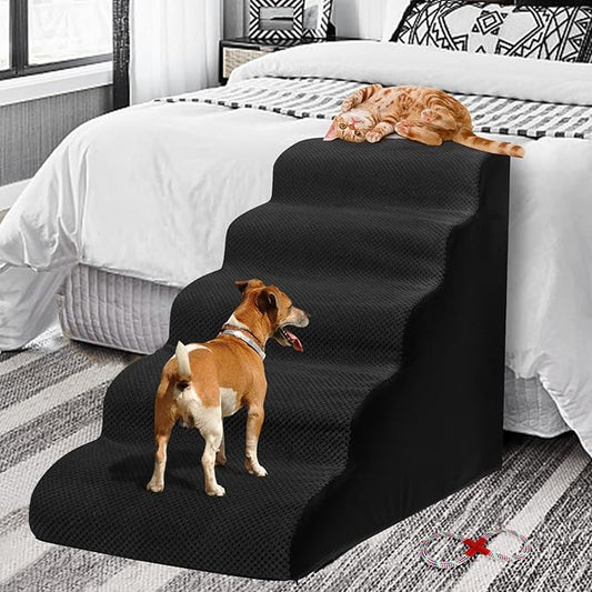 Foam 5 Tier Dog Steps&Stairs for High Beds 25 inches High, Tall Extra Wide Pet Stairs/Steps for High Beds/Bedsides,Non-Slip Dog Ramps for Small Dogs, for Older Dogs/Cats Injured(Black)