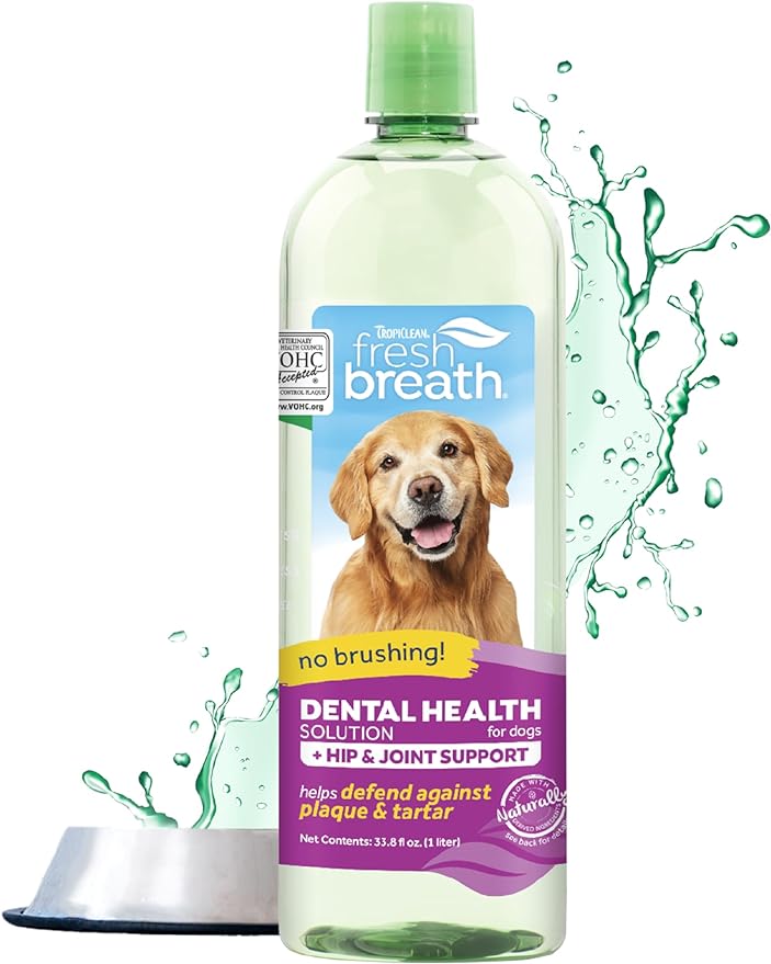 TropiClean Fresh Breath Plus Glucosamine for Hips & Joints | Dog Oral Care Water Additive | Dog Breath Freshener Additive for Dental Health | VOHC Certified | Made in the USA | 33.8 oz