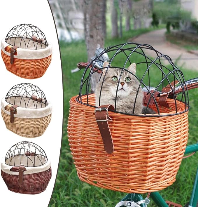 Bike Pet Carrier, Bike Basket for Small Dogs Cats Pet Carrier Front Basket with Wire Mesh Cover (Wood Color)