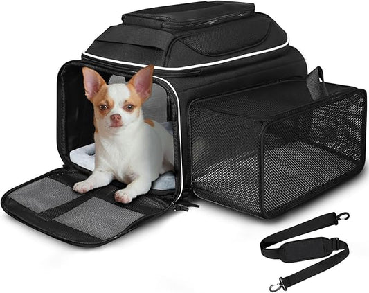 Top and Side Expandable Pet Carrier 17x13x9.5 Inches Southwest Allegiant Airline Approved, Soft-Sided Carrier for Small Cats and Dogs with Locking Safety Zippers and Anti-Scratch Mesh(Black)