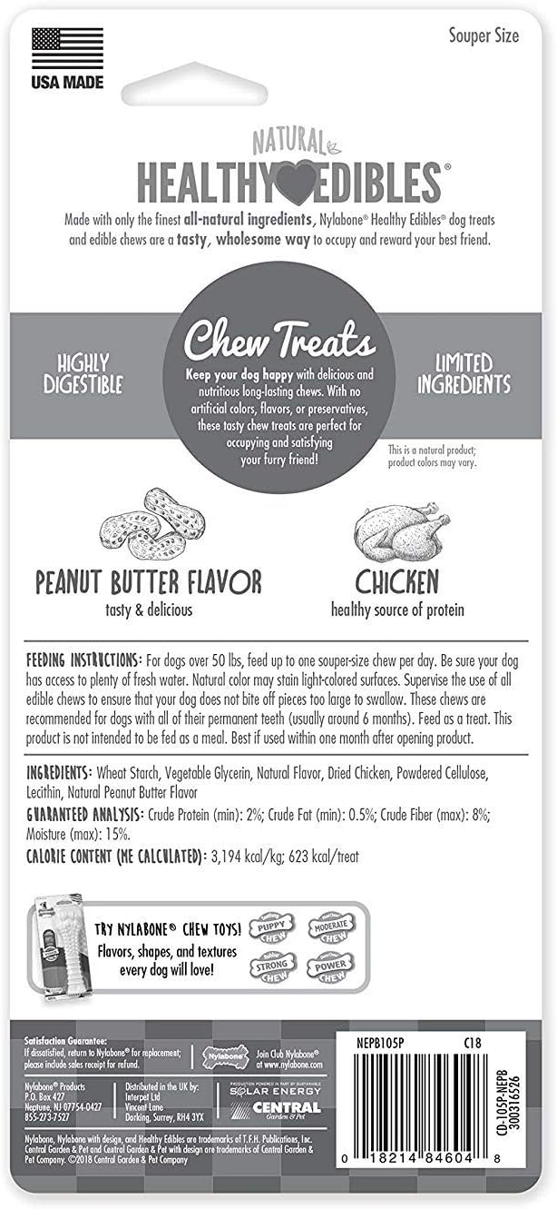 Nylabone 3 Pack of Healthy Edibles Allergy-Free Peanut Butter Dog Chew Treats, Souper, for Dogs Over 50 Pounds