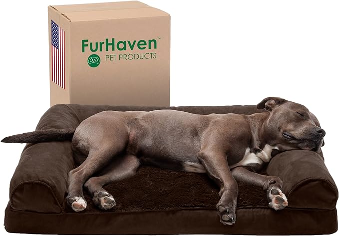 Furhaven Orthopedic Dog Bed for Large/Medium Dogs w/ Removable Bolsters & Washable Cover, For Dogs Up to 55 lbs - Plush & Suede Sofa - Espresso, Large