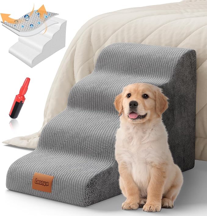 Dog Stairs for Bed, 4-Step, 30D Foam Pet Stairs/Steps with Waterproof Cover, Non-Slip, Dog Ramp/Ladder for Couch Sofa Bed, Suitable for Small Dogs Cats with Old/Injured/Short-Legged, 20.1" H