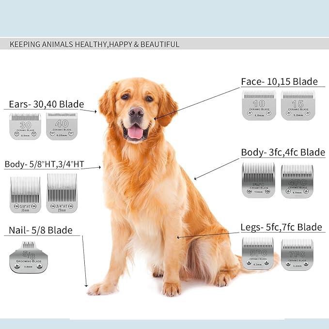 Size 40/30/15/10/7FC/5FC/4FC/3FC Detachable Pet Dog Grooming Clipper Ceramic Blades Set,Compatible with Andis,Oster A5,Wahl KM10 Series Clippers,Cut Length 1/100"(0.25mm) to 1/2"(13mm),8 Pack