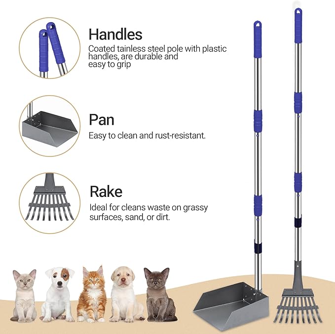 Heeyoo Dog Pooper Scooper, Dog Poop Tray and Rake Set, Pet Waste Removal Scoop with Long Adjustable Sectional Stainless Handles