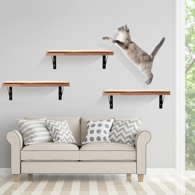 4 Pcs Floating Cat Wall Shelves with Cat Scratching Mat Wooden Cat Perches Indoor Cat Activity Wall Furniture Cats Climbing Steps Kitten Wall Mounted for Climbing Playing Scratching Perching