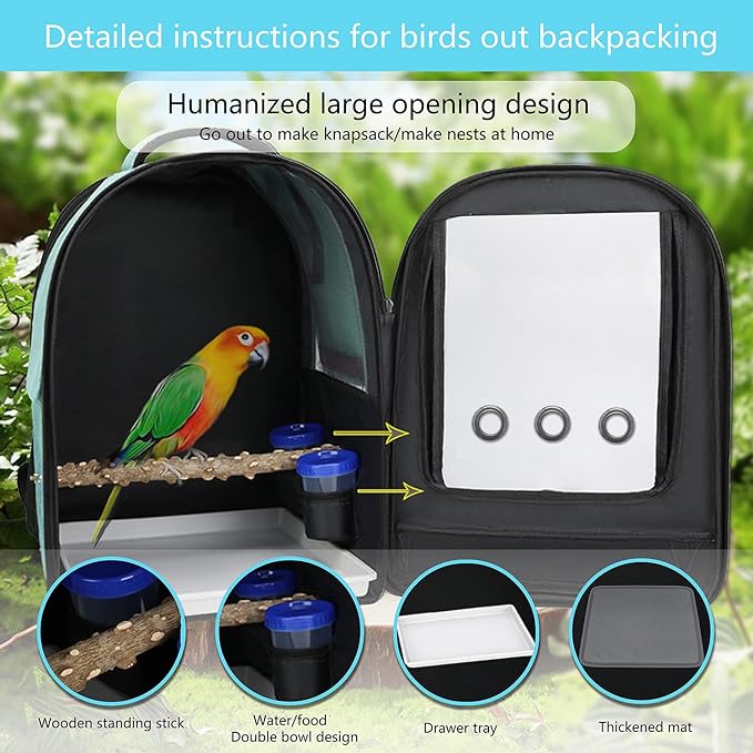 Bird Backpack Carrier,Bird Travel cage Backpack with Tray and Standing Perch,Feeding Tank,Waterproof pad,Used for Parakeets,hornbirds,Lovebirds,Small and Medium-Sized Bird