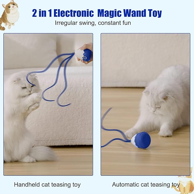 Cat Wand Toy, Automatic Silicone Tail Teaser Toy 2 in 1, Electronic Interactive Toy for Indoor Cats, Rechargeable Exercise Toy for Kitten-Navyblue