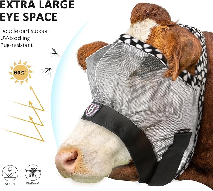 Harrison Howard Cattle Livestock Fly Mask Breathable Mesh Padded Edging with Fun Patterns Large Spacing Forelock Opening Design Adjustable Fit for Cattle Light Grey