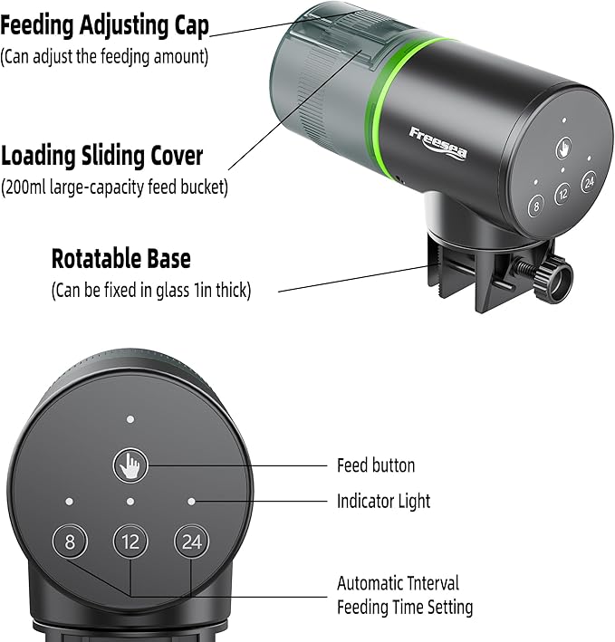 FREESEA Automatic Fish Feeder for Aquarium: Auto Fish Food Dispenser with Timer for Small Tank Betta Turtle - Battery Vacation Self Feeding for Flakes