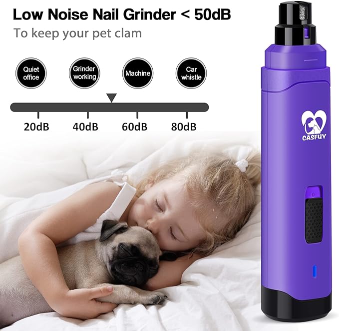 Casfuy Dog Nail Grinder Upgraded - Professional 2-Speed Electric Rechargeable Pet Nail Trimmer Painless Paws Grooming & Smoothing for Small Medium Large Dogs & Cats (Purple)