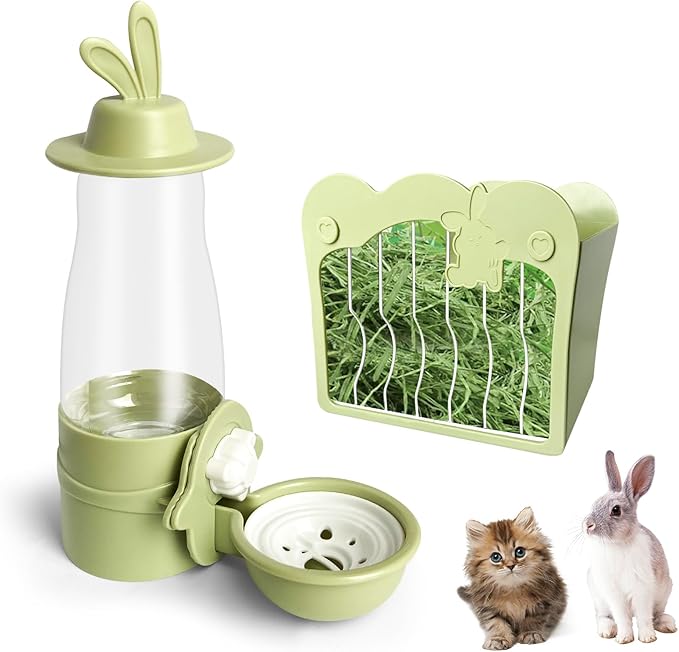 Rabbit Hay Feeder and Automatic Pet Water Dispenser, Metal Frame Guinea Pig Hay Rack Gravity Pet Water Bottle, Hanging and Easy to Install, for Rabbit Guinea Pig Chinchilla Bunny