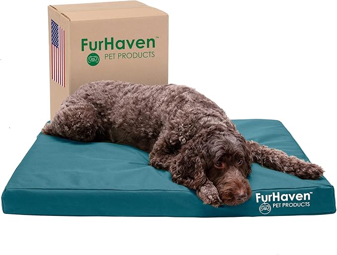 Furhaven Water-Resistant Orthopedic Dog Bed for Large/Medium Dogs w/ Removable Washable Cover, For Dogs Up to 55 lbs - Indoor/Outdoor Logo Print Oxford Polycanvas Mattress - Deep Lagoon, Large