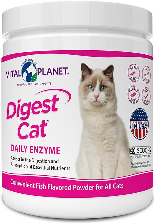 Vital Planet - Digest Cat Digestive Pancreatic Enzyme Blend with Pumpkin and Ginger to Support the Pancreas and Healthy Digestion with Pancreatin, Salmon Flavored Powder for Cats - 111 Grams 30 Scoops