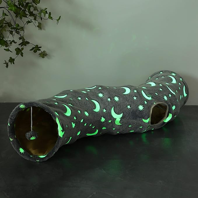 LUCKITTY Cat Tunnel Tube with Plush Ball Toys Collapsible Self-Luminous Photoluminescence, for Small Pets Bunny Rabbits, Kittens, Ferrets,Puppy and Dogs Grey Moon Star (S-Shape)