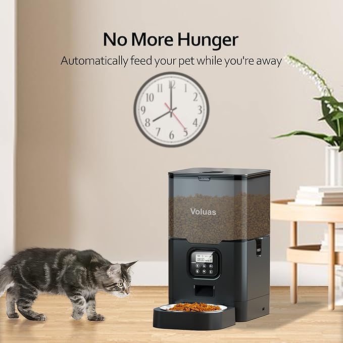 VOLUAS Cat Dry Food Dispenser with Timer, Automatic Cat Feeders with Desiccant Bag, Programmable Portion Size Control 4 Meals Per Day, 10s Voice Recorder