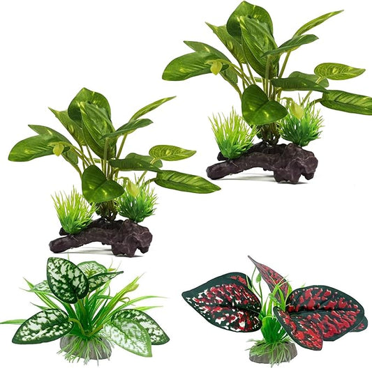 Reptile Artificial Plants, Terrarium Plants Decorations Supplies, Aquarium Fish Tank Plant, Amphibian Habitat Hideout Tank Accessories(M Set-4pcs/E)