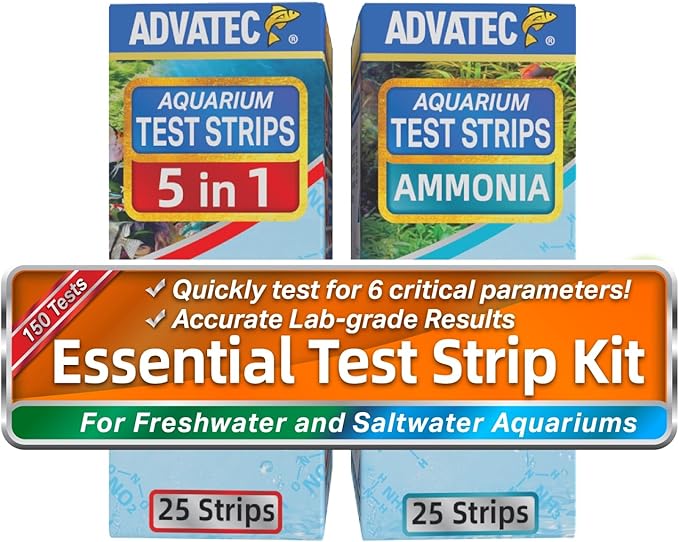 Essential Test Strip Kit - for Freshwater, Saltwater & Reef Aquariums, Test for 6 Parameters! - Fast Lab-Grade Results with Interpretation Guides! (25 Ct. - 50 Strips, 150 Tests)