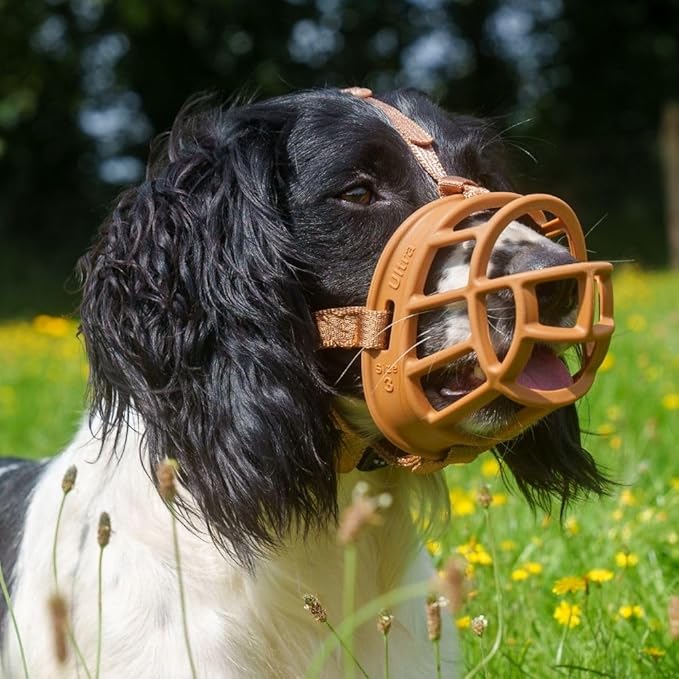 BASKERVILLE ULTRA MUZZLE - Patented Humane Design, Breathable, Dog can Pant and Drink, Adjustable, Padded, Training Muzzle for Medium-sized Dogs, Prevents Biting, Wildlife Scavenging (Size 3, Tan)