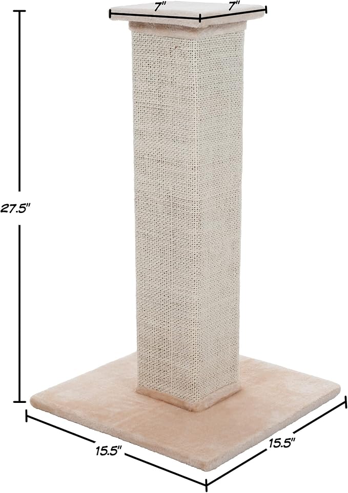 Cat Scratching Post with Carpeted Base - 27.75-Inch Sisal Burlap Fabric Scratcher - Furniture Scratching Deterrent for Indoor Cats by PETMAKER (Beige)