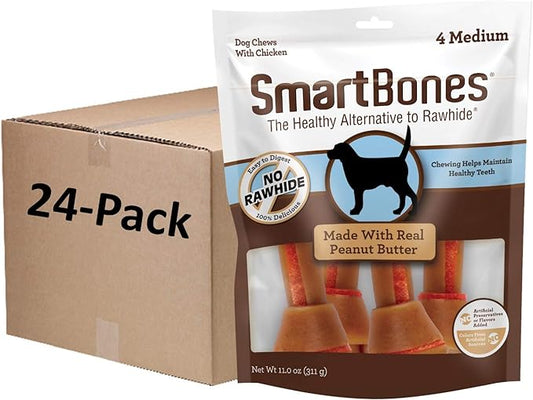 SmartBones with Peanut Butter Medium Chews 4 Count, Rawhide-Free Chews for Dogs, 11 oz, Case of 24 Individual Packs (SBPB-00317-1)