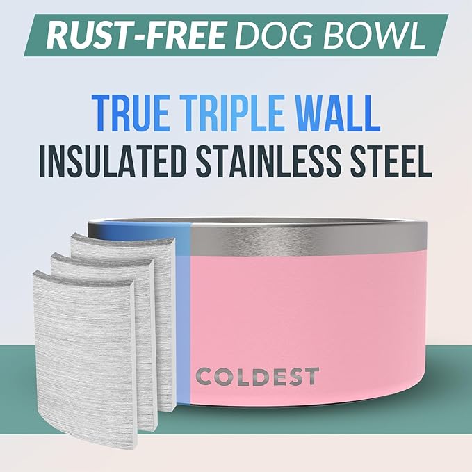 Coldest Dog Bowl, Anti Rust Metal & Non Slip Dog Bowls Large, Spill Proof Heavy Duty 3 Layers Insulated Dog Bowl, Food & Water Bowl for Dogs, Cats, Dishwasher Safe (200 oz, Cotton Candy Pink)