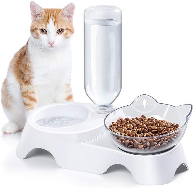 MILIFUN Double Dog Cat Bowls - Pets Water and Food Bowl Set, 15°Tilted Water and Food Bowl Set with Automatic Waterer Bottle for Small or Medium Size Dogs Cats